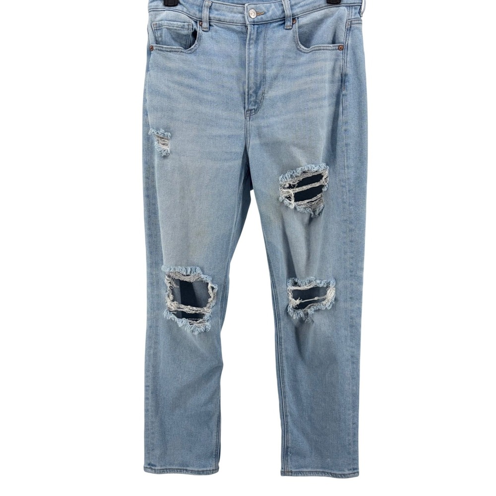 American Eagle Mom Straight Jean Womens 12 Light Wash Distressed Stretch Denim